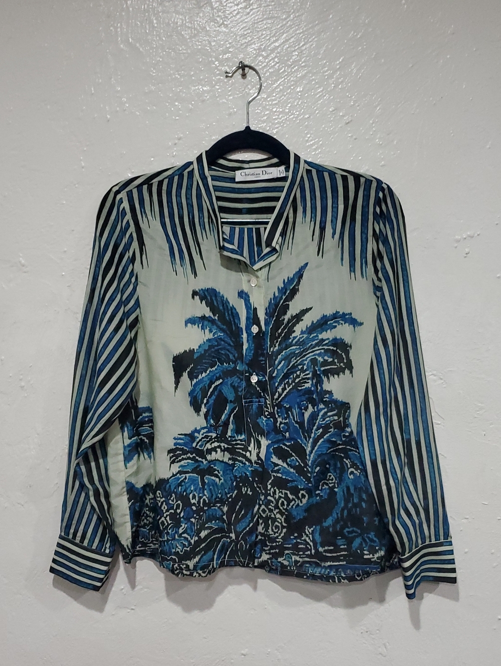 Christian Dior Toile de Jouy Palms striped long-sleeve blouse In 100% Silk Twill